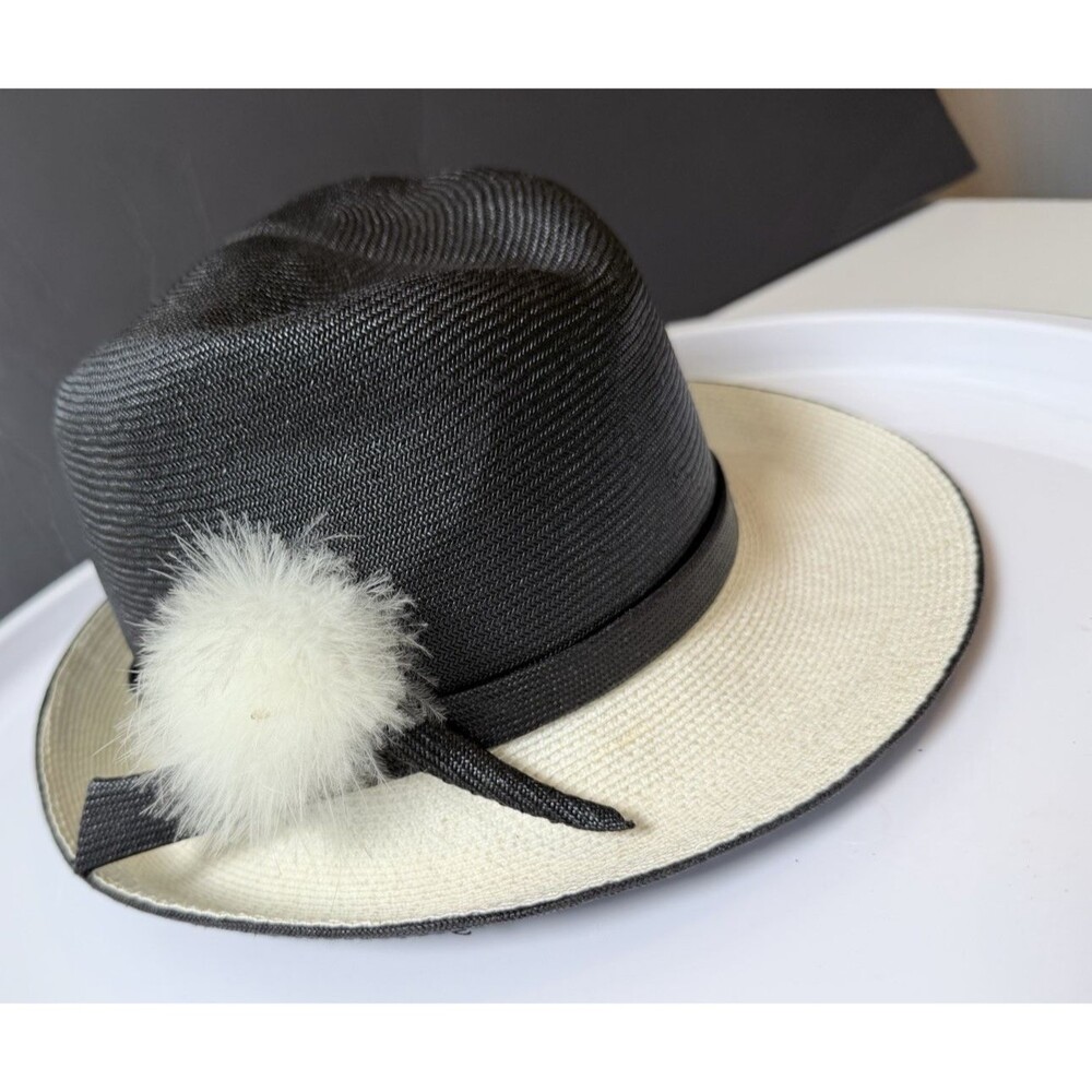 Vintage Mr John Classic Hat Black Ivory Straw Fedora delicate Pom Pom NY Paris - Picture 10 of 16